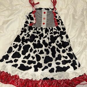 Charming Black and White Cow Print Kids Dress with Red Accents